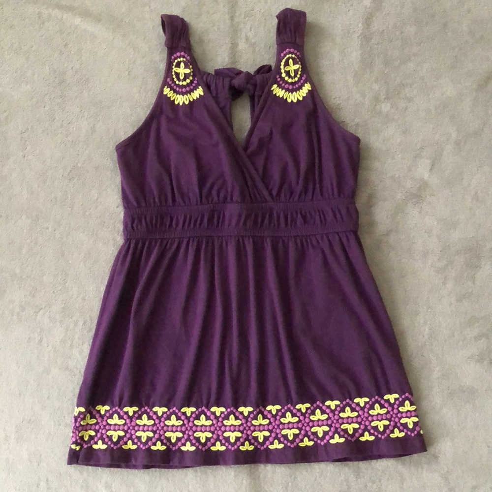 Athleta Embroidered Tie Neck Purple Top size Small